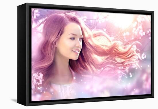 Fantasy Girl with Long Pink Blowing Hair. Spring or Summer Beauty Teen Girl with Flowers. Fashion A-Subbotina Anna-Framed Premier Image Canvas