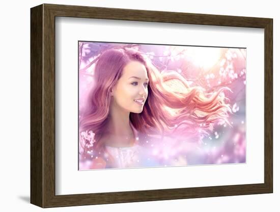 Fantasy Girl with Long Pink Blowing Hair. Spring or Summer Beauty Teen Girl with Flowers. Fashion A-Subbotina Anna-Framed Photographic Print