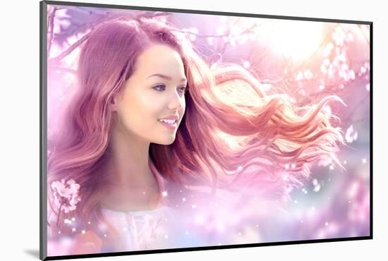 Fantasy Girl with Long Pink Blowing Hair. Spring or Summer Beauty Teen Girl with Flowers. Fashion A-Subbotina Anna-Mounted Photographic Print