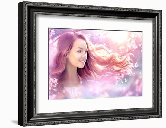Fantasy Girl with Long Pink Blowing Hair. Spring or Summer Beauty Teen Girl with Flowers. Fashion A-Subbotina Anna-Framed Photographic Print