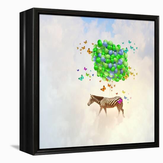 Fantasy Image of Zebra Flying in Sky on Bunch of Colorful Balloons-Sergey Nivens-Framed Premier Image Canvas