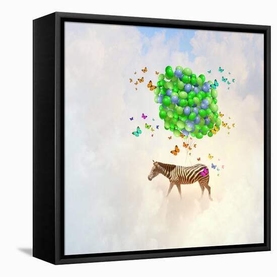 Fantasy Image of Zebra Flying in Sky on Bunch of Colorful Balloons-Sergey Nivens-Framed Premier Image Canvas
