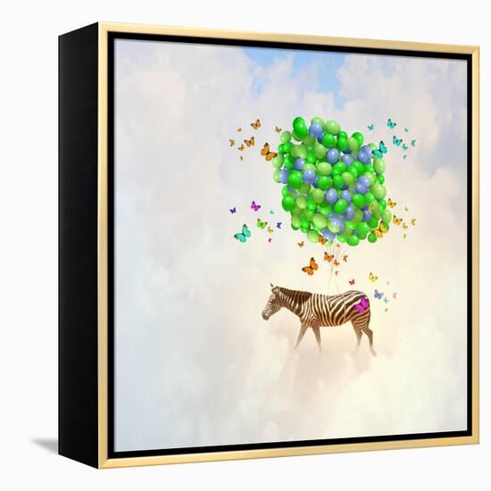 Fantasy Image of Zebra Flying in Sky on Bunch of Colorful Balloons-Sergey Nivens-Framed Premier Image Canvas