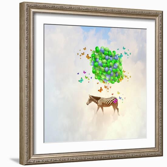 Fantasy Image of Zebra Flying in Sky on Bunch of Colorful Balloons-Sergey Nivens-Framed Photographic Print