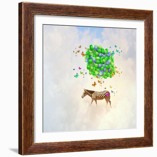 Fantasy Image of Zebra Flying in Sky on Bunch of Colorful Balloons-Sergey Nivens-Framed Photographic Print