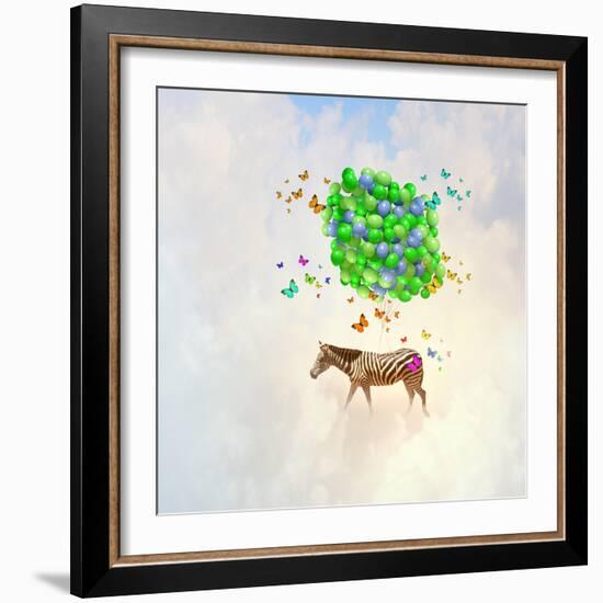 Fantasy Image of Zebra Flying in Sky on Bunch of Colorful Balloons-Sergey Nivens-Framed Photographic Print