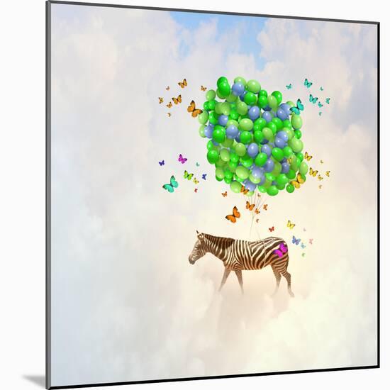 Fantasy Image of Zebra Flying in Sky on Bunch of Colorful Balloons-Sergey Nivens-Mounted Photographic Print