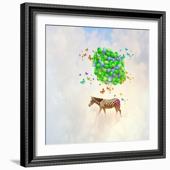 Fantasy Image of Zebra Flying in Sky on Bunch of Colorful Balloons-Sergey Nivens-Framed Photographic Print