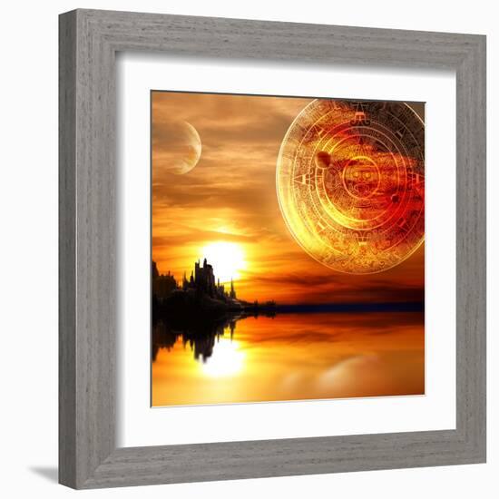 Fantasy Landscape And Maya Calendar-frenta-Framed Art Print