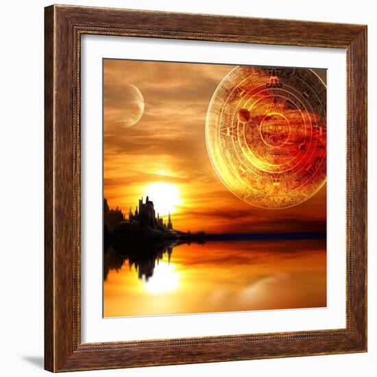 Fantasy Landscape And Maya Calendar-frenta-Framed Art Print