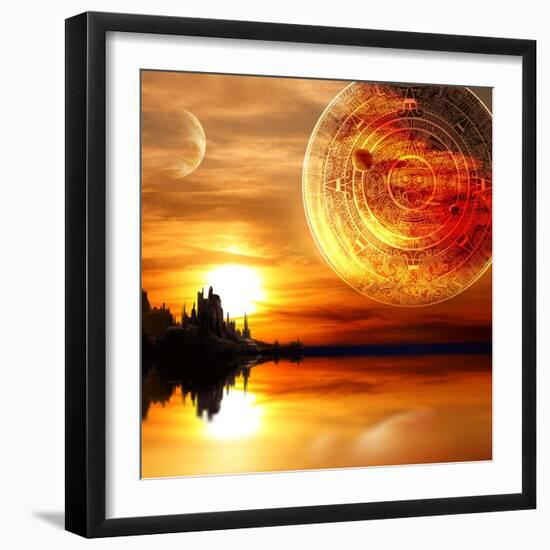 Fantasy Landscape And Maya Calendar-frenta-Framed Art Print