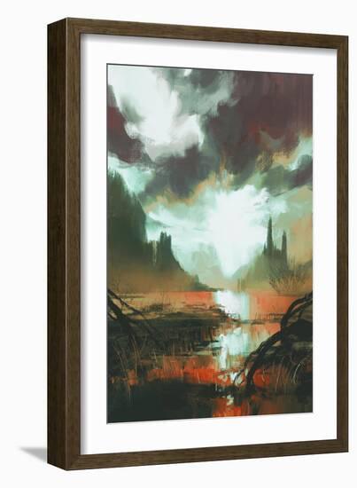Fantasy Landscape of Mystic Red Swamp at Sunset,Illustration-Tithi Luadthong-Framed Art Print