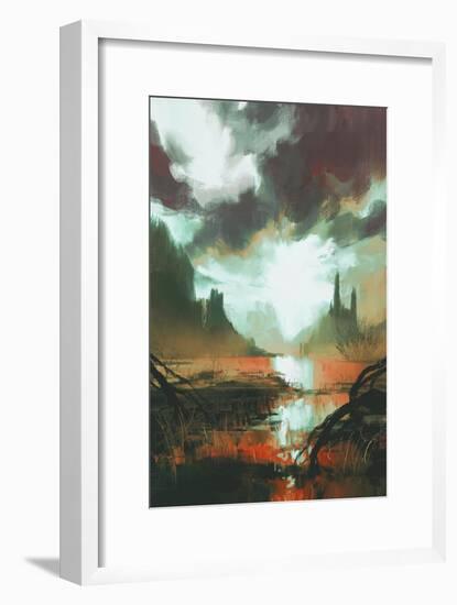 Fantasy Landscape of Mystic Red Swamp at Sunset,Illustration-Tithi Luadthong-Framed Art Print