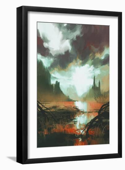 Fantasy Landscape of Mystic Red Swamp at Sunset,Illustration-Tithi Luadthong-Framed Art Print