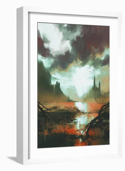 Fantasy Landscape of Mystic Red Swamp at Sunset,Illustration-Tithi Luadthong-Framed Art Print