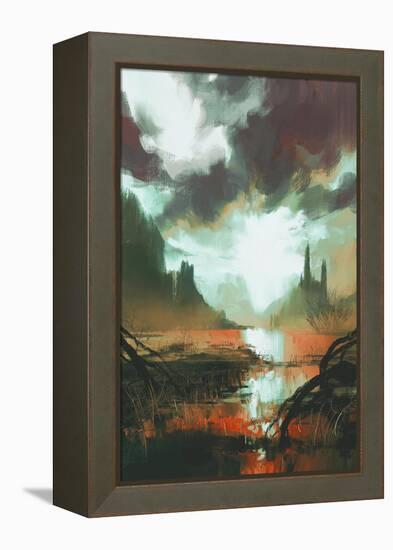 Fantasy Landscape of Mystic Red Swamp at Sunset,Illustration-Tithi Luadthong-Framed Stretched Canvas