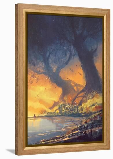 Fantasy Landscape Painting of Big Trees with Huge Roots at Sunset Beach-Tithi Luadthong-Framed Stretched Canvas