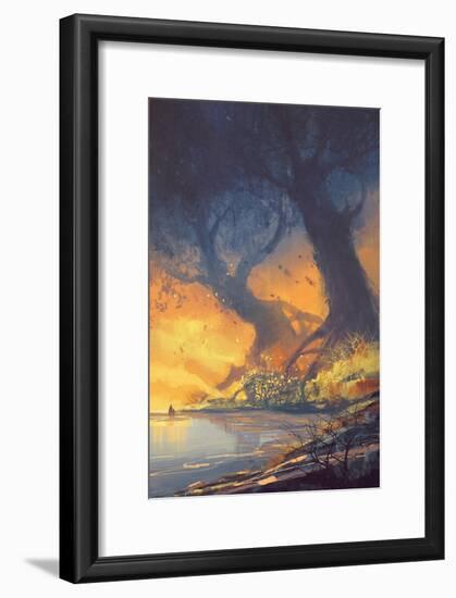 Fantasy Landscape Painting of Big Trees with Huge Roots at Sunset Beach-Tithi Luadthong-Framed Art Print