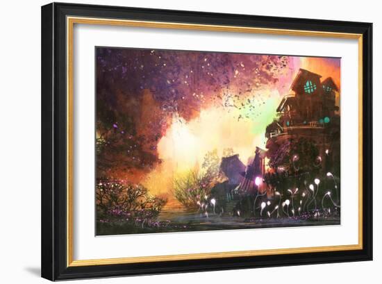 Fantasy Landscape with Ancient Castle,Digital Painting,Illustration-Tithi Luadthong-Framed Art Print