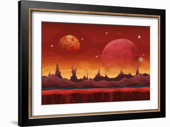 Fantasy Sci-Fi Martian Background for UI Game. Illustration of a Cartoon Funny Sci-Fi Alien Planet-Benchart-Framed Art Print