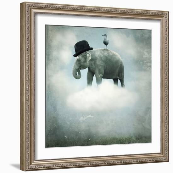 Fantasy Surrealistic Background with an Elephant with a Hat and a Gull that Flying on a Cloud in Th-Valentina Photos-Framed Photographic Print