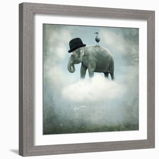Fantasy Surrealistic Background with an Elephant with a Hat and a Gull that Flying on a Cloud in Th-Valentina Photos-Framed Photographic Print