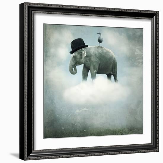 Fantasy Surrealistic Background with an Elephant with a Hat and a Gull that Flying on a Cloud in Th-Valentina Photos-Framed Photographic Print