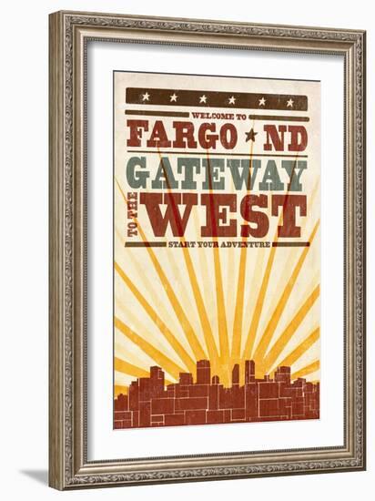 Fargo, North Dakota - Skyline and Sunburst Screenprint Style-Lantern Press-Framed Art Print