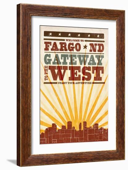 Fargo, North Dakota - Skyline and Sunburst Screenprint Style-Lantern Press-Framed Art Print