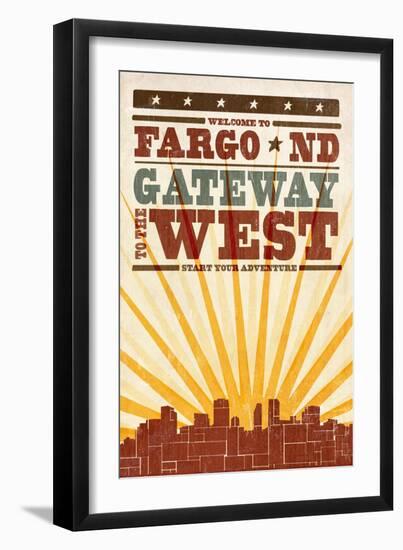 Fargo, North Dakota - Skyline and Sunburst Screenprint Style-Lantern Press-Framed Art Print