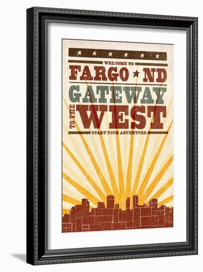 Fargo, North Dakota - Skyline and Sunburst Screenprint Style-Lantern Press-Framed Art Print