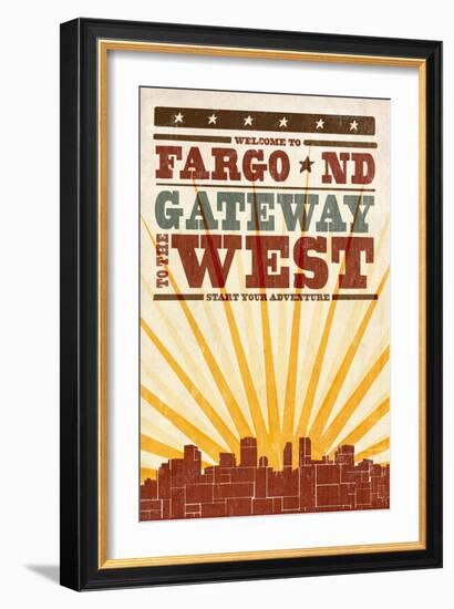 Fargo, North Dakota - Skyline and Sunburst Screenprint Style-Lantern Press-Framed Art Print