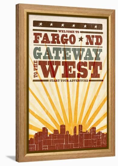 Fargo, North Dakota - Skyline and Sunburst Screenprint Style-Lantern Press-Framed Stretched Canvas