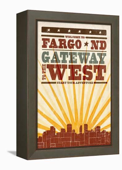 Fargo, North Dakota - Skyline and Sunburst Screenprint Style-Lantern Press-Framed Stretched Canvas