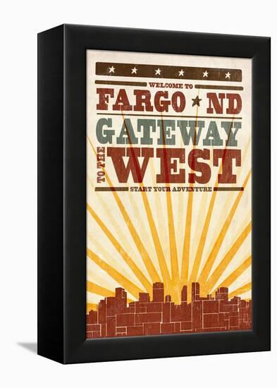 Fargo, North Dakota - Skyline and Sunburst Screenprint Style-Lantern Press-Framed Stretched Canvas