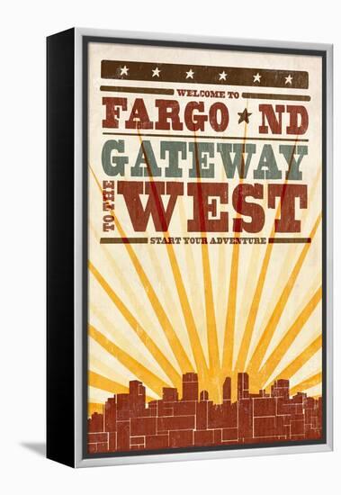 Fargo, North Dakota - Skyline and Sunburst Screenprint Style-Lantern Press-Framed Stretched Canvas