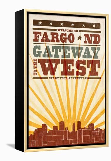 Fargo, North Dakota - Skyline and Sunburst Screenprint Style-Lantern Press-Framed Stretched Canvas