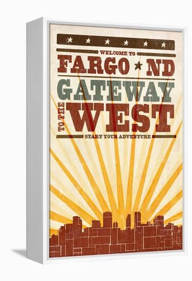 Fargo, North Dakota - Skyline and Sunburst Screenprint Style-Lantern Press-Framed Stretched Canvas