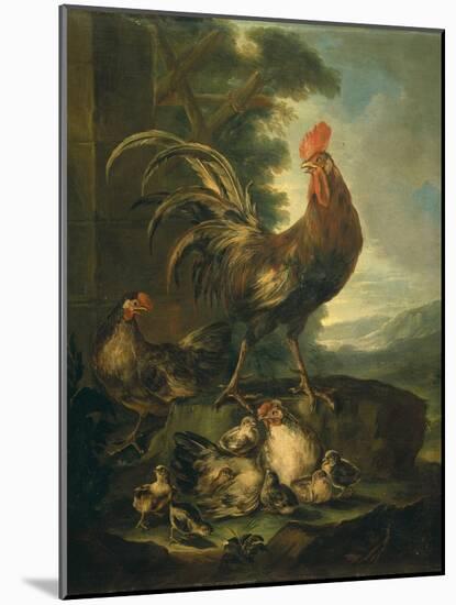 Farm Animals: a Cock, Two Chickens and Seven Chicks-Angiolo Maria Crivelli (Crivellone)-Mounted Art Print