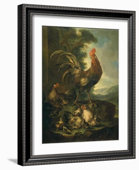 Farm Animals: a Cock, Two Chickens and Seven Chicks-Angiolo Maria Crivelli (Crivellone)-Framed Art Print