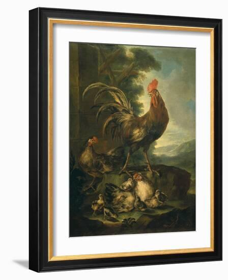 Farm Animals: a Cock, Two Chickens and Seven Chicks-Angiolo Maria Crivelli (Crivellone)-Framed Art Print