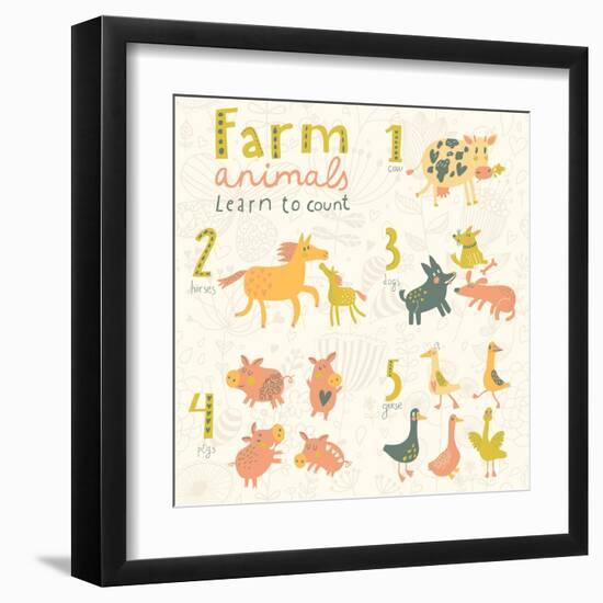 Farm Animals. Learn to Count Part One. 1 Cow, 2 Horses, 3 Dogs, 4 Pigs, 5 Geese. Funny Cartoon Chil-smilewithjul-Framed Art Print