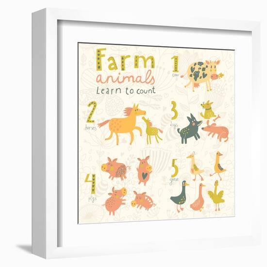 Farm Animals. Learn to Count Part One. 1 Cow, 2 Horses, 3 Dogs, 4 Pigs, 5 Geese. Funny Cartoon Chil-smilewithjul-Framed Art Print