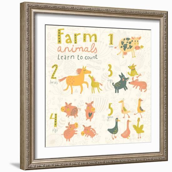 Farm Animals. Learn to Count Part One. 1 Cow, 2 Horses, 3 Dogs, 4 Pigs, 5 Geese. Funny Cartoon Chil-smilewithjul-Framed Premium Giclee Print