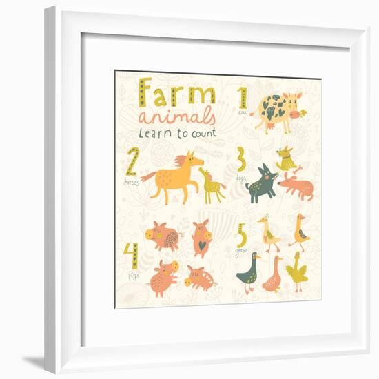 Farm Animals. Learn to Count Part One. 1 Cow, 2 Horses, 3 Dogs, 4 Pigs, 5 Geese. Funny Cartoon Chil-smilewithjul-Framed Premium Giclee Print