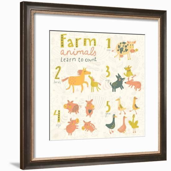 Farm Animals. Learn to Count Part One. 1 Cow, 2 Horses, 3 Dogs, 4 Pigs, 5 Geese. Funny Cartoon Chil-smilewithjul-Framed Premium Giclee Print