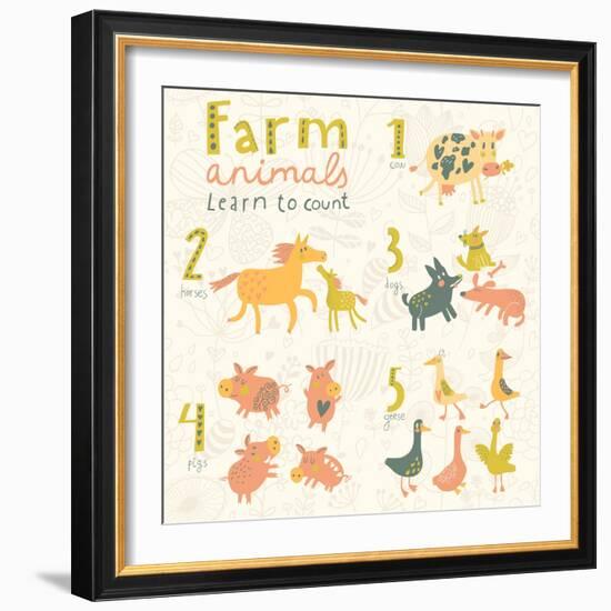 Farm Animals. Learn to Count Part One. 1 Cow, 2 Horses, 3 Dogs, 4 Pigs, 5 Geese. Funny Cartoon Chil-smilewithjul-Framed Premium Giclee Print