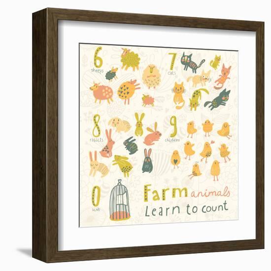 Farm Animals. Learn to Count Part One. 6 Sheep, 7 Cats, 8 Rabbits, 9 Chickens, 0 Birds. Funny Carto-smilewithjul-Framed Art Print