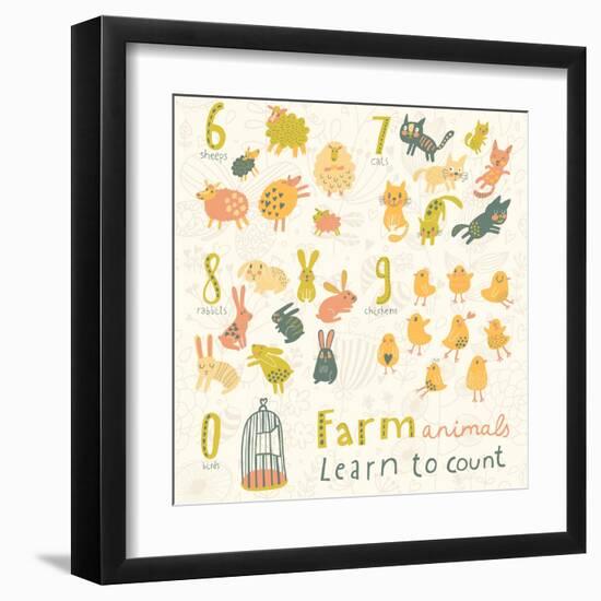 Farm Animals. Learn to Count Part One. 6 Sheep, 7 Cats, 8 Rabbits, 9 Chickens, 0 Birds. Funny Carto-smilewithjul-Framed Art Print