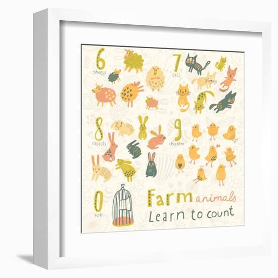 Farm Animals. Learn to Count Part One. 6 Sheep, 7 Cats, 8 Rabbits, 9 Chickens, 0 Birds. Funny Carto-smilewithjul-Framed Art Print